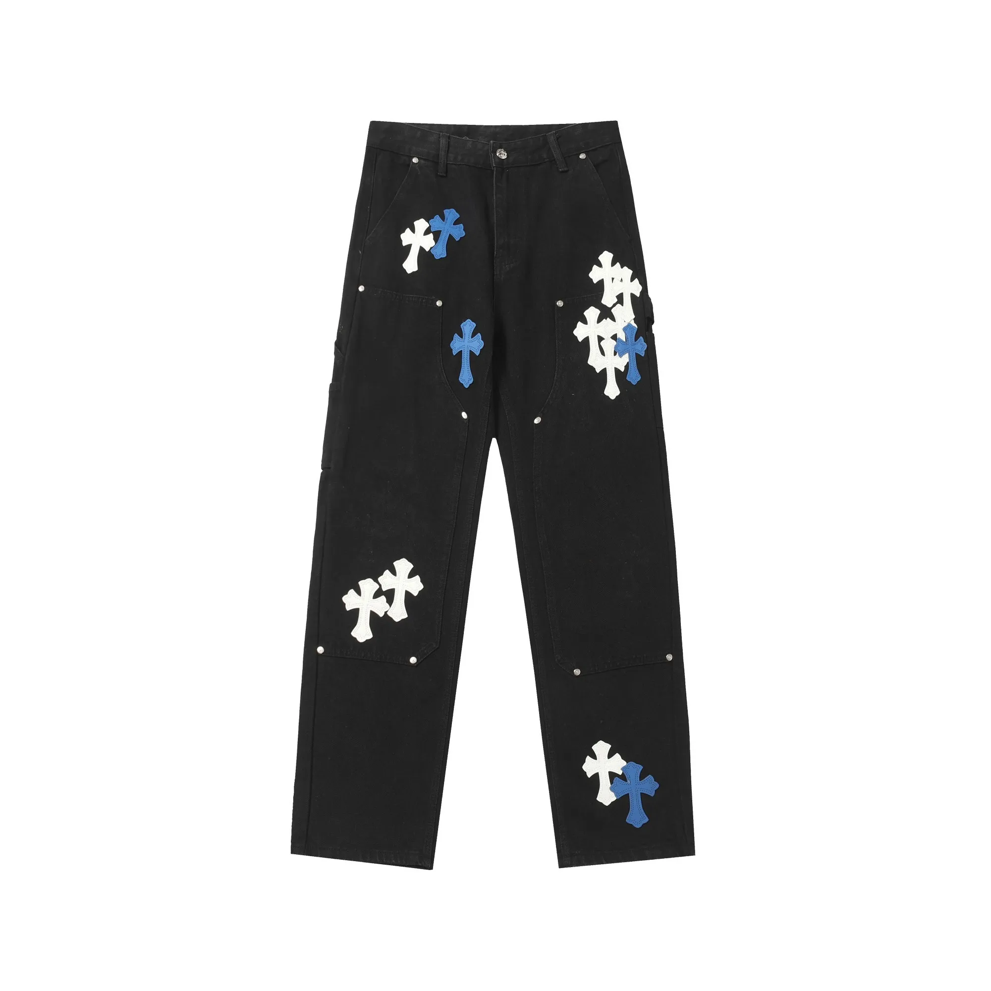 KE9101 P280 The only correct leather label version on the market Chrome Hearts CH Cross embroidered American style washed patchwork leather lumberjack workwear jeans Top ceiling quality 100% correct version The correct version is here!  Believe me this must be the best quality you will ever come across! ! Excellent value for money! !  Styles with different washes and textures are very friendly to people with thin legs and thick legs. The straight version is very flattering to the shape of the legs. The moderate length is timeless and easy to match. It is the basis of various styles and a must-have in the wardrobe! ! Add a little stacking to make the atmosphere easy to control. The fabric is stiff but the upper body is soft without losing texture. The sides and cuffs of some styles have a bone-wash effect. It’s really hard not to love it!  ✅Correctly customize the Croxin metal leather label on the back panel. It is definitely not sold directly with the cross on the finished jeans. 1:1 copying strives for excellence and the details are perfectly grasped. ✅The cross leather label is clear and smooth. Exquisite turning top craftsmanship. ✅Buttons, zippers and hardware are all customized versions of the Croxin LOGO. ✅High-cost washing process. Size: 28 30 32 34 36